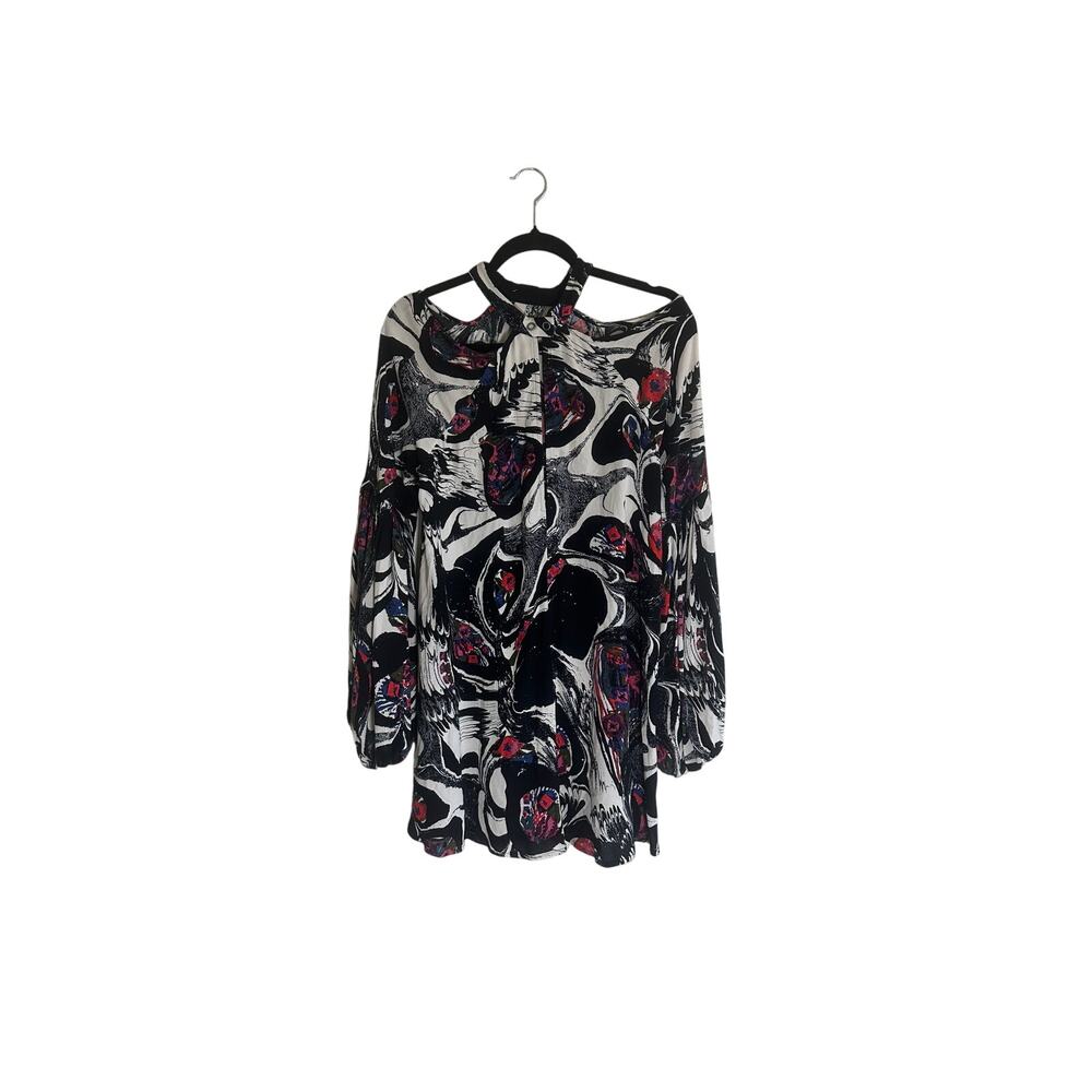 Free People Women's S Boho Printed Tunic Dress Cold Shoulder Long Sleeve Black